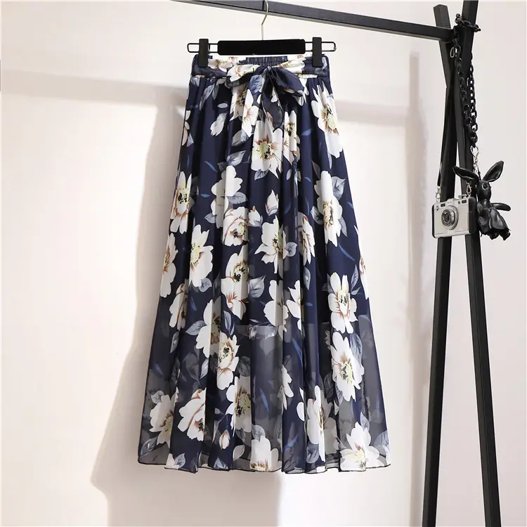 JF Boho Skirts Casual A-Line Long Pattern High-waist Wrap Tweed Skirt OEM/ODM Maxi Chiffon Printed Pleated Floral women Skirts
