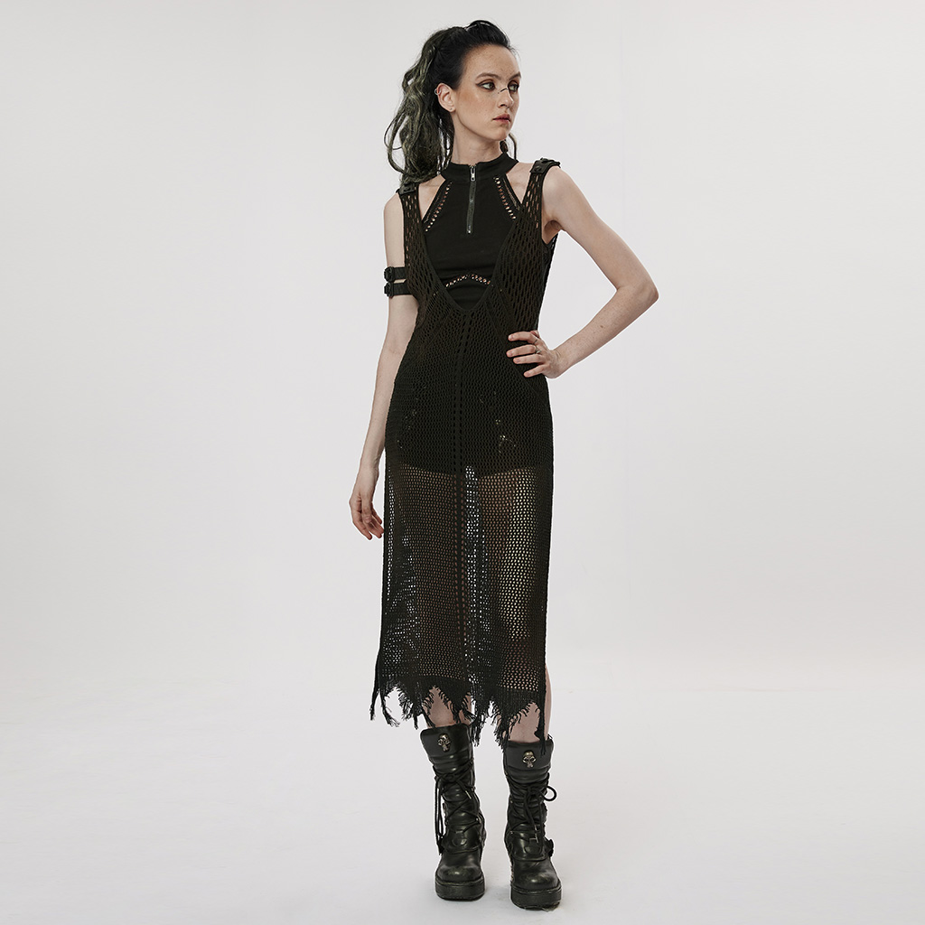 Punk Rave WQ-631LQF 2023 women sexy large V-neck the post-apocalyptic techwear style knitted hollow out one-piece vest dress