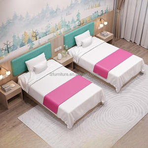 Modern 3 Star Hotel Twin Bedroom Furniture Set with Upholstered <b>Headboards</b> Wooden Platform Bed Frame Integrated And Nightstands - Product Image 2