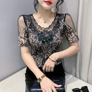 Nuova Maglietta da <span class=keywords><strong>Donna</strong></span> con Design Floreale, Strass e Paillettes Lucide, Top Aderente in <span class=keywords><strong>Maglia</strong></span> a Maniche Corte per Feste e Discoteca - Product Image 6