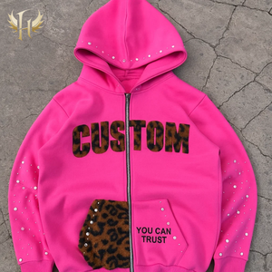 特注500GSMピンク宝石ラインストーンパーカー付きヒョウ柄毛皮刺繍パッチスクリーンプリントストリートウェアZip upパーカー - Product Image 5