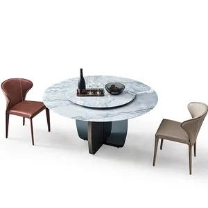 Koto round dining room sets natural marble stone dining table with revolving top metal frame below