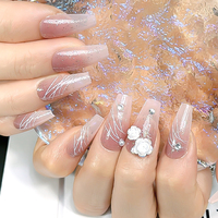 24 Uñas Postizas de ABS Color Rosa Morado con Flores Brillantes, Uñas Artificiales Medianas Estilo Bailarina