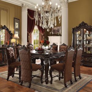 Meubles de salle à manger en bois sculpté de style antique européen, <span class=keywords><strong>table</strong></span> à manger en bois massif avec 8 chaises en tissu - Product Image 1