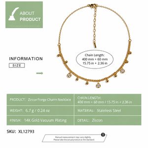 Collier à breloques en zircon, acier inoxydable, plaqué or 14K sous vide, couleurs or et argent, 400 mm + 60 mm, 6,7 g - Product Image 2