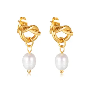 INS simple light temperament fashion accessories Knot with natural fresh water pearl titanium steel earrings for women