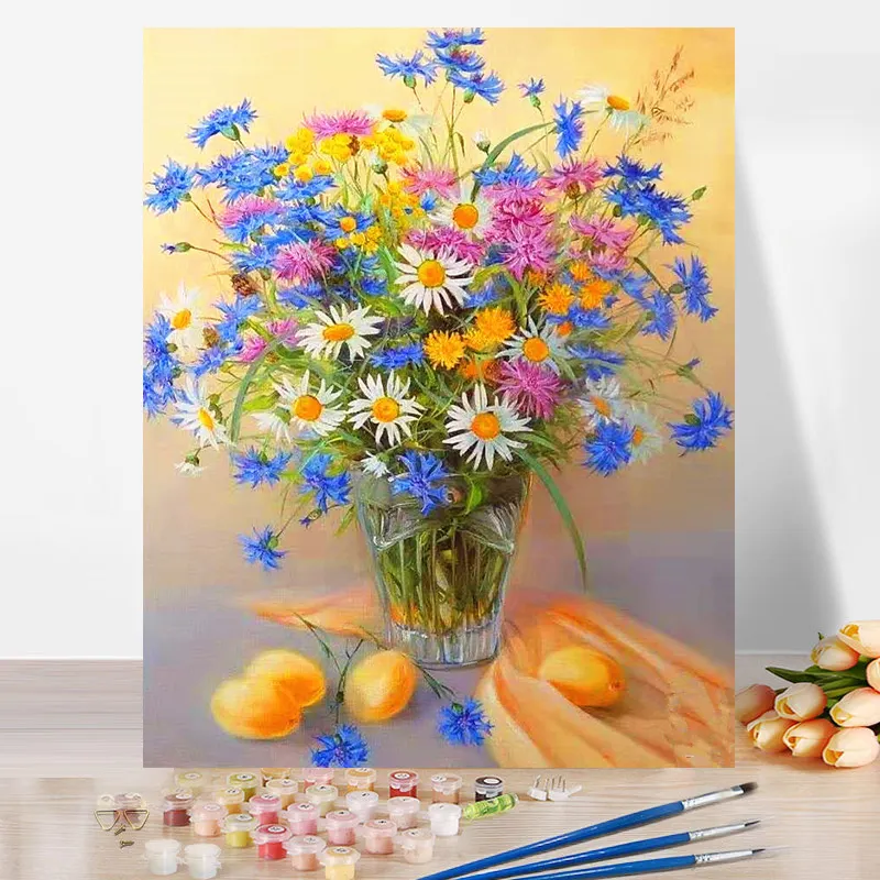ดอกไม้ DIY ภาพวาดโดยตัวเลขขายส่งภาพวาดภูมิทัศน์ที่กําหนดเองผู้ใหญ่ Handpainting สีโดยชุดตัวเลข