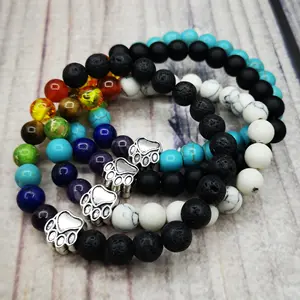 Seven Chakras Stone Pet Paw Footprint Bracelet Colorful Natural Stone Dog Paw Beaded Bracelet