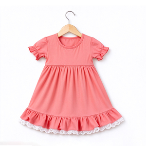 Robe d'été pour filles en soie de lait à manches courtes, avec poignets à volants et ourlet en dentelle, imprimé intégral, robe tourbillonnante pour tout-petits - Product Image 5