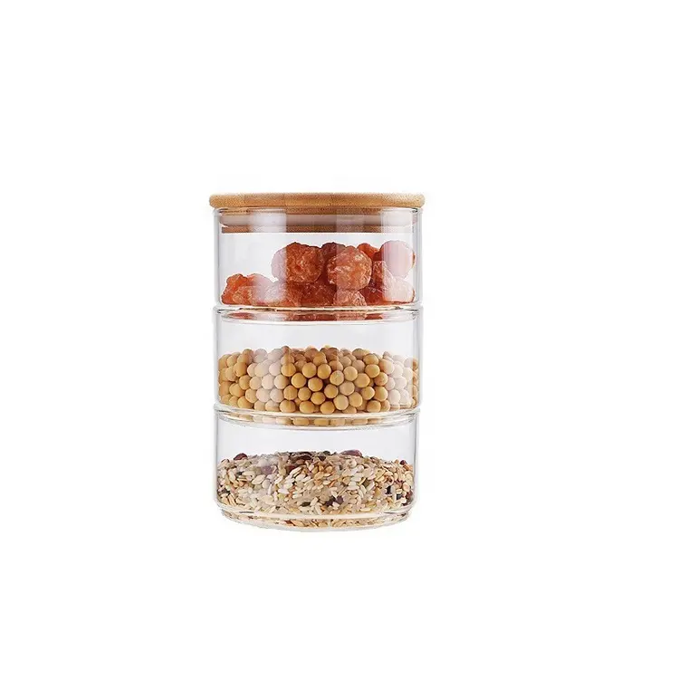 Mouth Blown 3 and 4 layers Stackable Bamboo Wood Seal Lid Glass Storage Jar with Wooden Lid