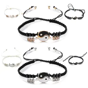 Bff Friendship Couple Bracelets Hematite Leather Cord Braid Bracelet Chinese Yin Yang Tai Chi black white adjustable bracelet