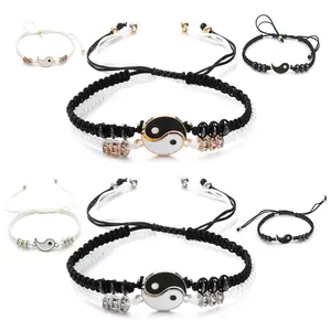 Pulseira para casal bff, bracelete de couro trançado para casal, hematita, yin yang tachi, branco e preto, bracelete ajustável