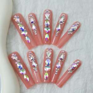 Wholesale high-end handmade acrylic <b>nail</b> art, square full-coverage false <b>nails</b>, solid pink color,rhinestone design,customizable - Product Image 2