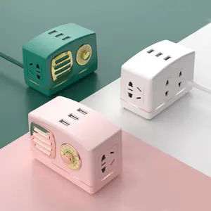 Papan Soket Berlubang Soket Retro Multifungsi, dengan 3 Port USB dan 4 Jack Yang Dipertebal, Kabel Aman dan Pengisian Daya Cepat