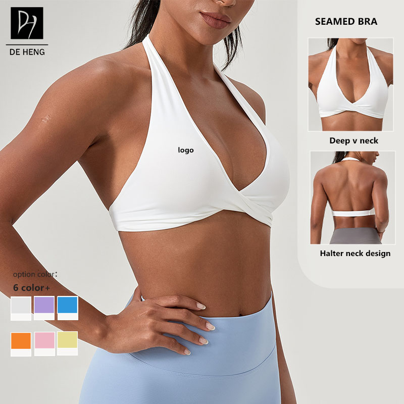 Wholesale Healter Deep V Neck Sexy Woman Open Back Yoga Fitness Workout Gym Crops Top Breathable Sportswear Bra