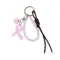 Breloque de sac personnalisable en alliage de zinc, nouveau design, thème sensibilisation au cancer du sein, avec ruban en forme de cœur et chaîne de fausses perles, semi-fait main