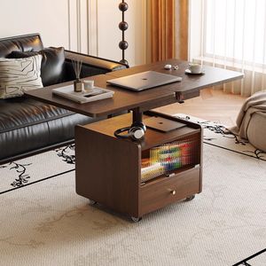 Solid Wood Movable Coffee <b>Table</b> Height Adjustable With Storage Drawer For Living Room Home Use <b>Sofa</b> Side Cabinet Trolley - Product Image 2
