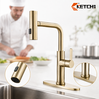 Robinet de cuisine moderne extractible avec finition or brossé, plaque de fixation et robinet de cuisine en laiton à levier unique