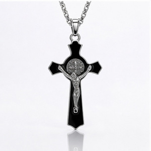 yunnique Men's Stainless Steel <b>Cross</b> Pendant Necklace With Jesus And Saint Benedict Medal Geometric Design For Religious Fashion - Product Image 3