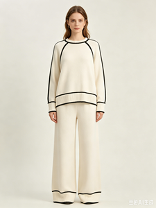 Set Loungewear in <span class=keywords><strong>Maglia</strong></span> a 2 Pezzi per <span class=keywords><strong>Donna</strong></span>, Top Maglione con Dettagli Colorati e Pantaloni a Gamba Larga, Tuta Casual, Colore Crema - Product Image 5