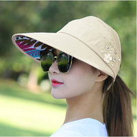 Chapeau de soleil pour femme avec visière, protection UV, respirant, noir, décontracté, été, pêche, plage, queue de cheval, large bord