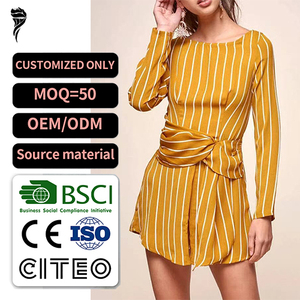 Vestido Mini Amarillo a Rayas de Manga Larga para Mujer, con Cintura Ajustable con Lazo, Estilo Casual de Verano, Cuello Redondo, Manga Larga, Tejido de Poliéster - Product Image 1