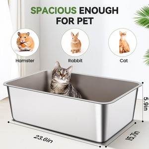 Bac à litière pour chat en acier inoxydable, ouvert en haut, en métal, antiadhésif, résistant à la rouille, grand bac à litière pour chats - Product Image 2