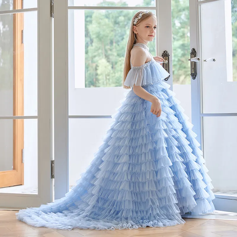 Children's Pommel Princess pleated ball Dress Party Girl Luxurious Birthday off-the-shoulder long floor-length dress