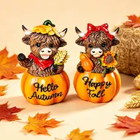 Figurine en résine de vache des Highlands et citrouille, style ferme, pour la récolte d'automne, décoration de maison de Thanksgiving, vente en gros personnalisée