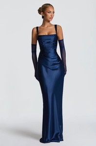 Robe longue de soirée élégante pour <span class=keywords><strong>femme</strong></span> en satin, col <span class=keywords><strong>carré</strong></span>, bretelles larges, taille froncée, devant drapé, dos lacé, <span class=keywords><strong>coupe</strong></span> sirène - Product Image 4