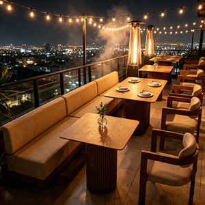 ชุดโต๊ะและเก้าอี้รับประทานอาหารสำหรับร้านอาหารเชิงพาณิชย์ โครงไม้เนื้อแข็ง ฐานลายร่อง เก้าอี้หุ้มผ้าบุคล วัสดุสไตล์วบิซาบิ เฟอร์นิเจอร์ร้านกาแฟ - Product Image 3