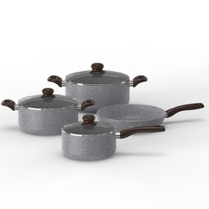 Vente directe usine – Nouvel ensemble de batterie de cuisine antiadhésive 7 pièces en aluminium pressé avec revêtement <span class=keywords><strong>granit</strong></span> et marbre, couvercles en verre, compatible induction et gaz - Product Image 1