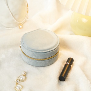 Wholesale Custom Travel Pink Round Jewellery Storage <b>Case</b> Logo <b>Small</b> Green Portable Velvet Box Mirror Zipper Closure - Product Image 5