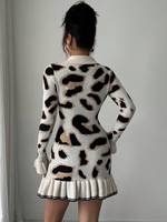 Robe Mini en Maille Imprimé Léopard pour Femme, Col Revers, Manches Longues, Coupe Ajustée, Ourlet Volanté, Personnalisable OEM ODM, Vente en Gros Usine