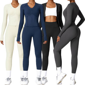 Toptan boyunduruğu örme yüksek streç Yoga 2-Piece Set zayıflama Fit uzun kollu tayt ile fermuar & nefes boyun kırpma üst - Product Image 2