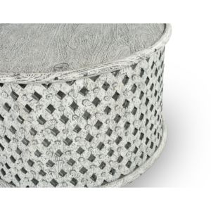 DB Samir White Round Tribal Carved Wood <b>Cocktail</b> <b>Table</b> Minimalist Farmhouse Style Living Room Furniture - Product Image 3