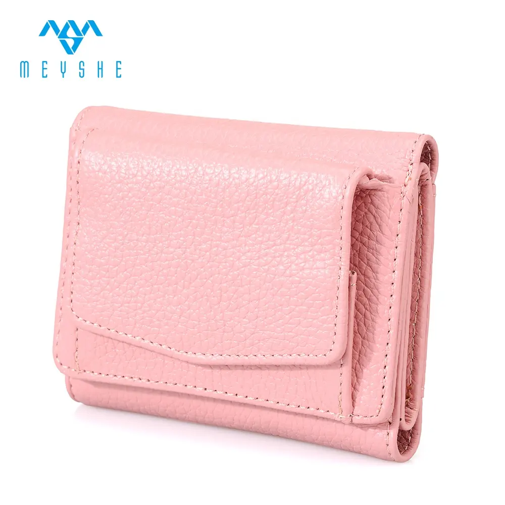 New Design Pink Genuine Leather 3 Fold Cheap Small Women Wallet Purse Card Holder With Button For Ladies