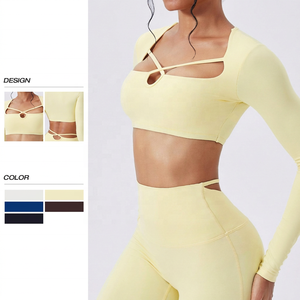 New Fashion Seamless Breathable Quick-Dry Spandex/Nylon Square Neck <b>Crop</b> <b>Top</b> Long <b>Sleeve</b> High Quality Sports Outdoor Regular Gym - Product Image 1