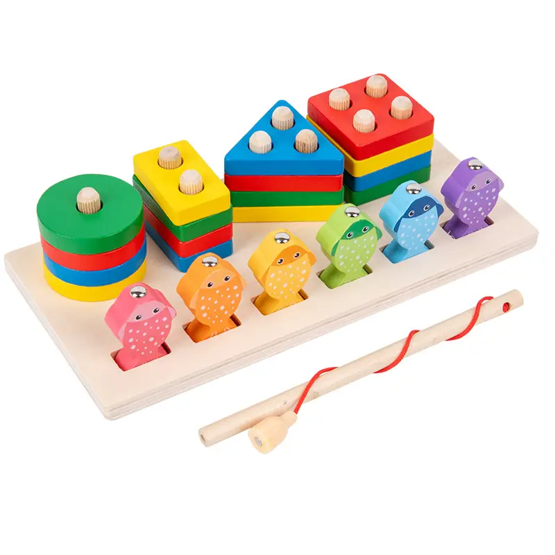 New Design Baby Wooden Building Blocks Shape Matching Board Montessori Educational Fishing Toys For Kids