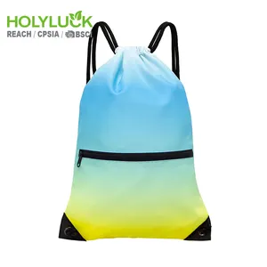 Holyluck silk screen print brand polyester ombre gym drawstring bags multipocket drawstring backpack