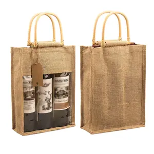 3 Bottles Champagne Jute Burlap Packing Tote Bags Wholesale Jute Tote Hand Outdoor Picnic Bag with LOGO