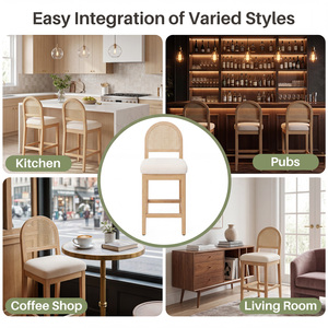 Commercial Modern Outdoor Rattan <b>Back</b> Counter Height Bar <b>Stools</b> Natural Wood Frame Chenille Upholstered Cafe Bistro Tavern - Product Image 4