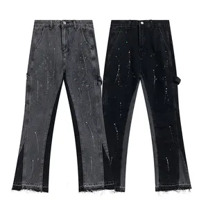 Uitlopende Jeans Mannen Amerikaanse High Street Losse Gewassen Distressed Inkt Splash Stiksels Broek Heren Jeans