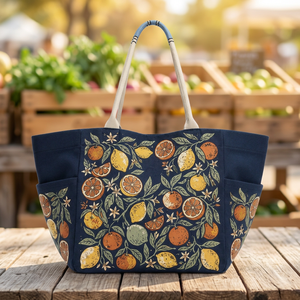 Bolsa de Compras Ecológica de Algodón con Estampado de Cítricos Azul Marino, Bolsa de Compras de Algodón con Asas Largas - Product Image 1