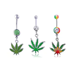 Hot Sale Cubic Zirconia Emerald Green Maple Leaf Charm 316L Surgical Steel Belly Button Ring Piercing