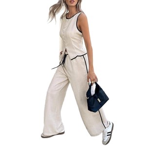 Conjunto de chaleco sin mangas con bloques de color y pantalones con cordón para mujer, traje informal de color liso, tallas S, M, L, XL, XXL, tallas europeas y americanas - Product Image 5
