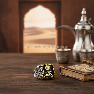925K <b>Silver</b> Art Design Saudi Arabia Palm Tree Sword <b>Men</b> Square <b>Ring</b> - Product Image 3