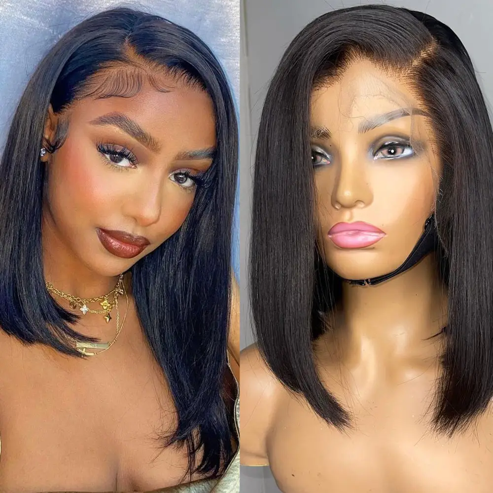 Natural Black Straight Bob Double Drawn Human Hair Wigs 8-14 Inch In Stock 13*4 Lace Front Wig For Women Wholesale Factory Price