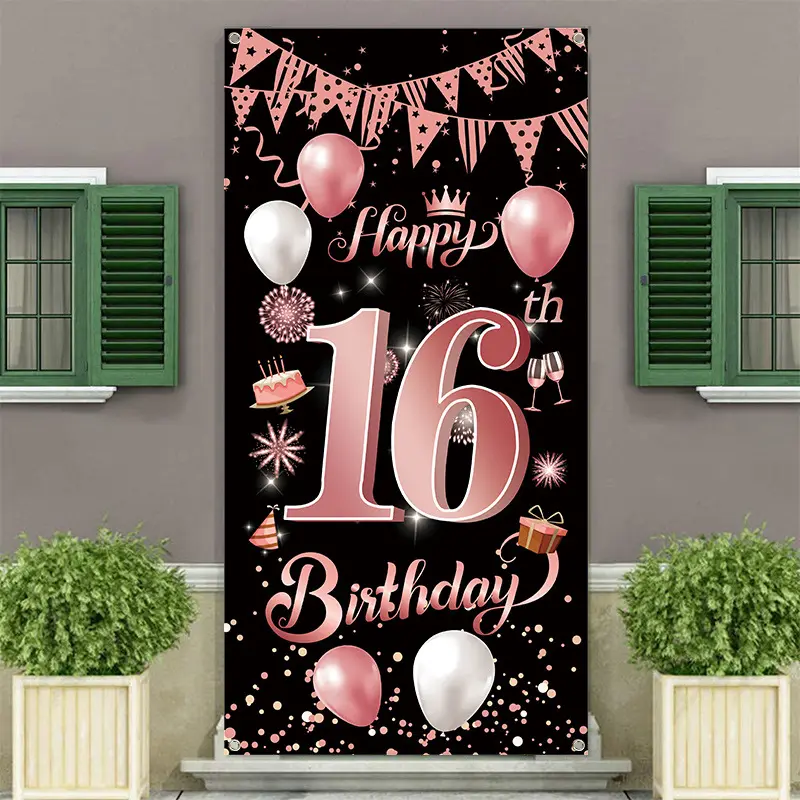 Fornitore all'ingrosso di decorazioni per feste di compleanno in vinile sfondo porta Banner dolce 16 decorazioni