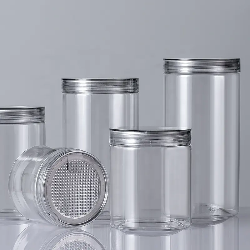 食品グレードのポップ缶PET透明プラスチックジャー、アルミニウム金属蓋付き
